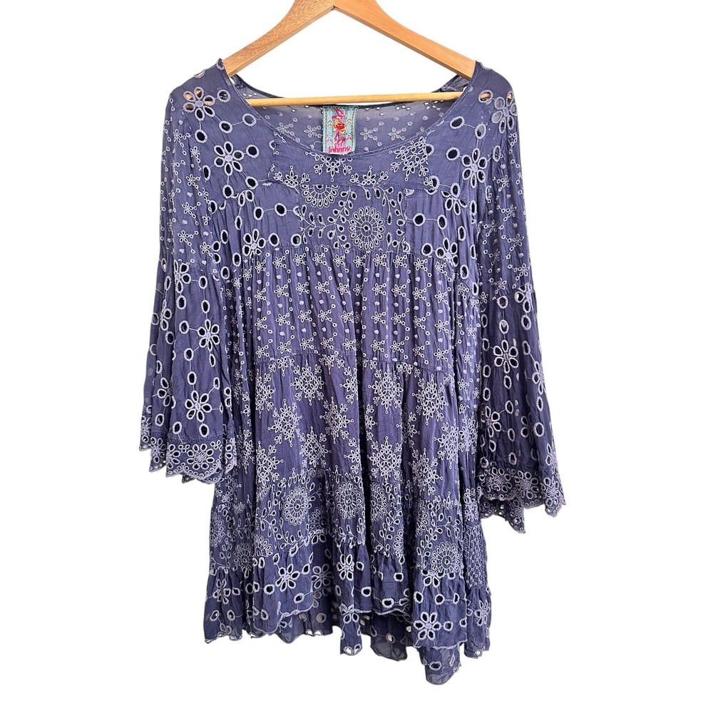 Johnny Was Embroidered Eyelet Tunic Top Bell‎ Sleeve Blue Floral Size S
